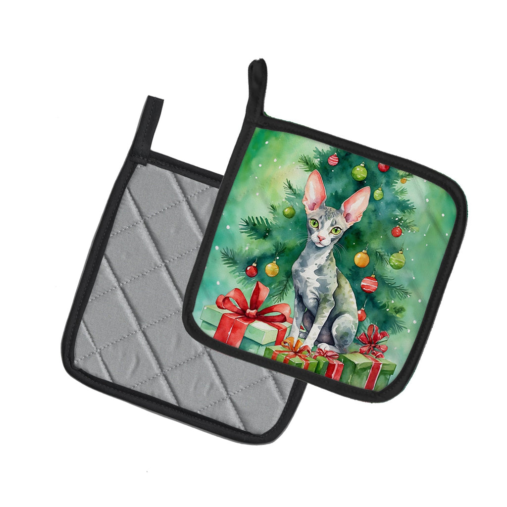 Cornish Rex Cat By the Christmas Tree Pair of Pot Holders