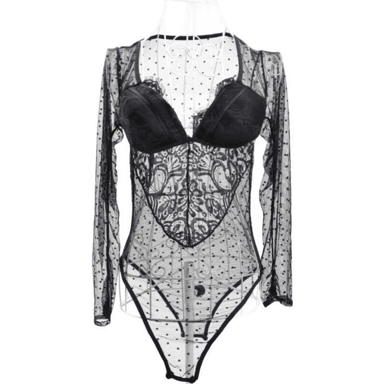 Sheer Black Lace Bodysuit with Underwire Padding Set