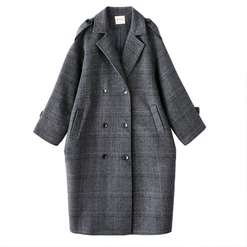 Plaid Over-the-Knee Woolen Coat for Students