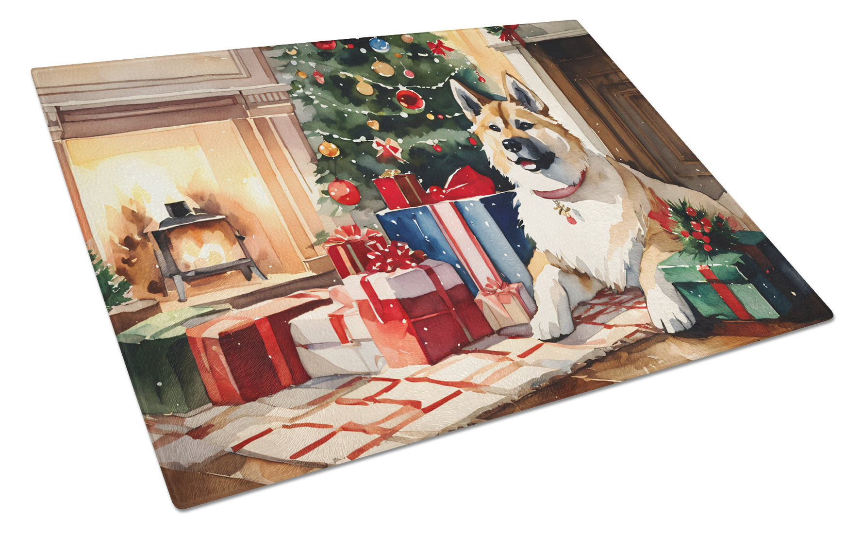 Akita Cozy Christmas Glass Cutting Board