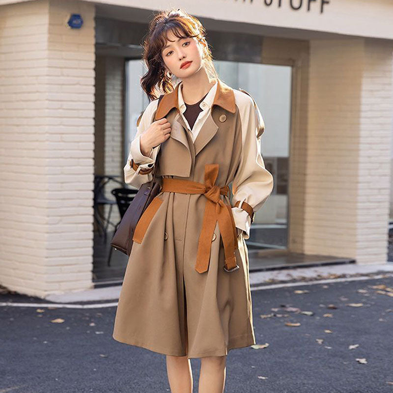 Mid-length Khaki Trench Coat with Belt and Lapel