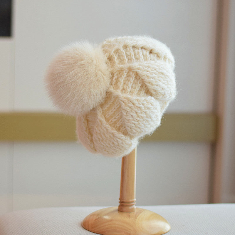 All-Match Knitted Fox Velvet Wool Cap for Women | Embroidered Cap