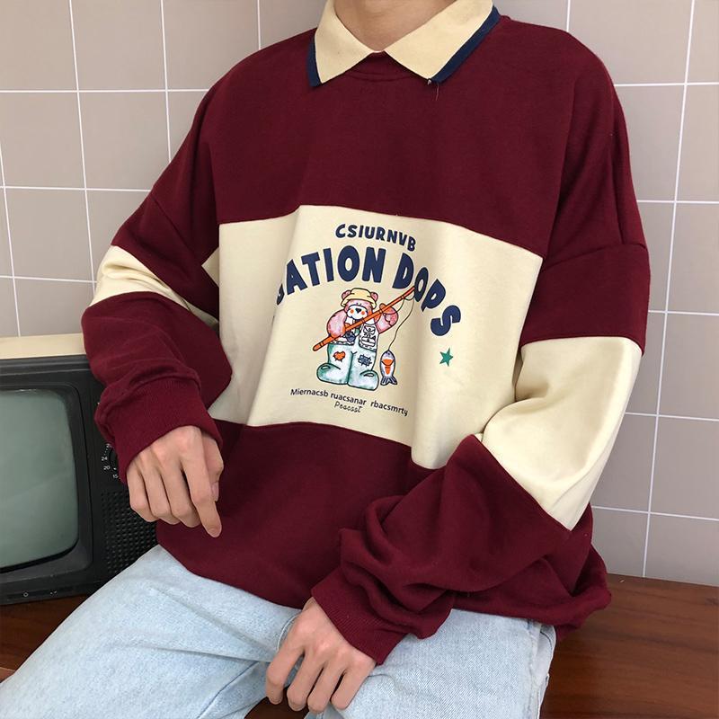 Retro Bear Print Striped Polo Collar Sweatshirt Top | Streetwear