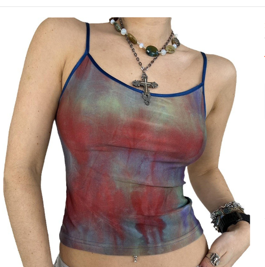 Tie-Dye Mesh See-Through Backless Camisole Top