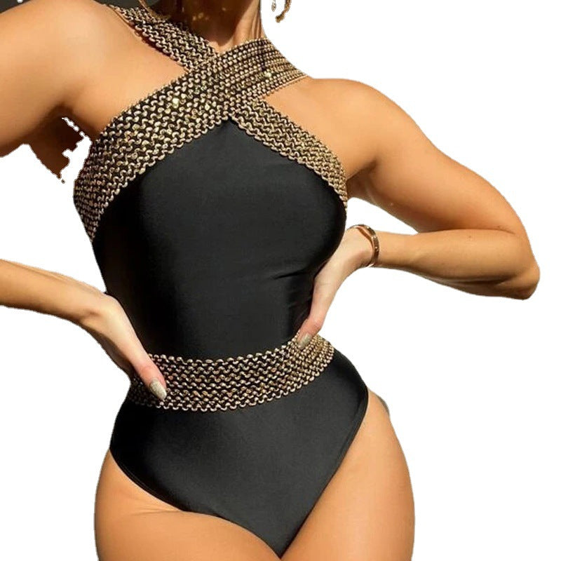 Shiny One-Piece Solid Color Bikini Swimsuit for Ladies