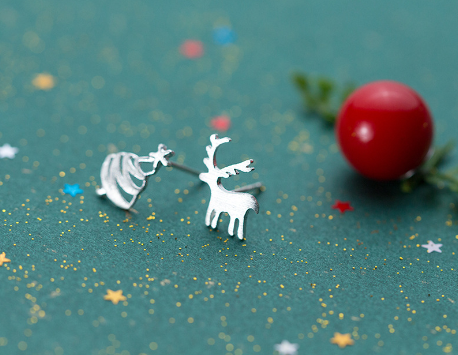 Silver Christmas Tree Reindeer Stud Earrings