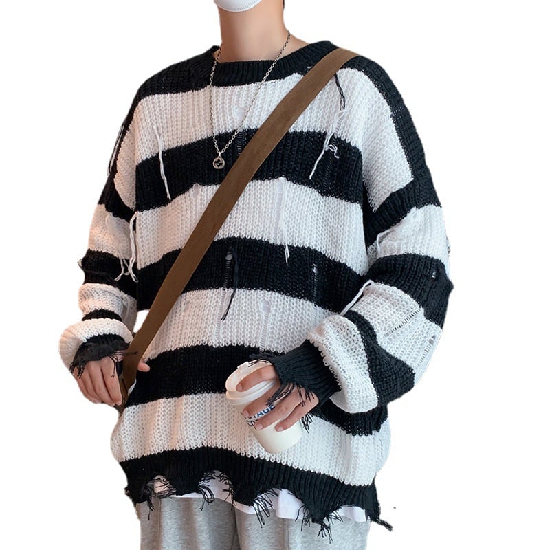 Men's Ripped Fringe Striped Sweater