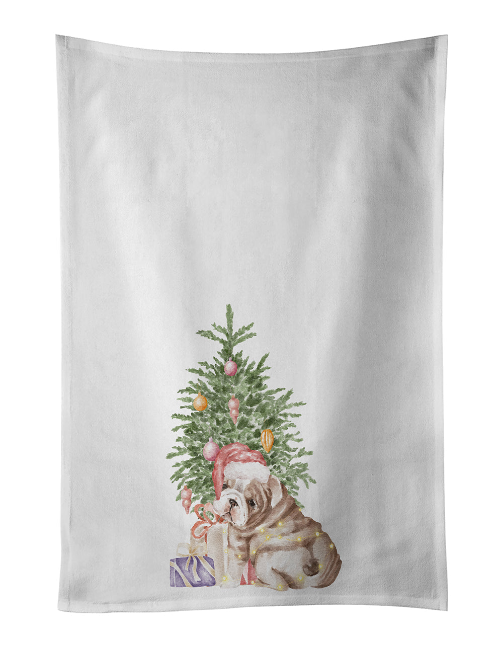 Bulldog, English Bulldog Puppy Christmas Presents and Tree Kitchen Towel Set of 2