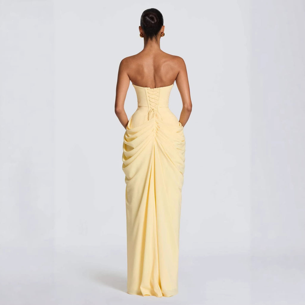 Tube Top Pleated Slit Dress