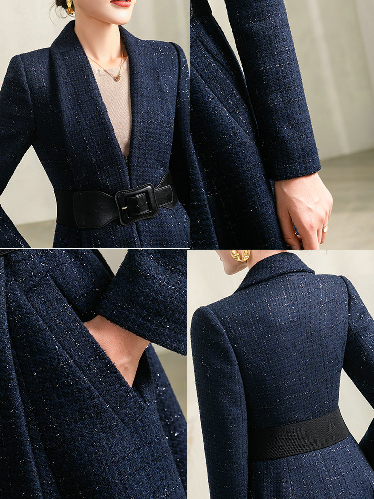 Women's Autumn Winter Blue Plaid Wool Coat with Collar