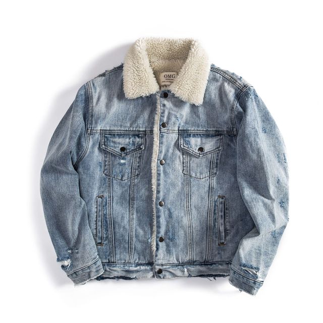 Winter Men's Distressed Lamb Wool Denim Jacket