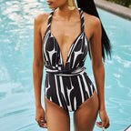 2023 Women's Black and White Striped Swimsuit