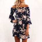 Loose-Fit Belted Dress with Floral Print and Off-Shoulder