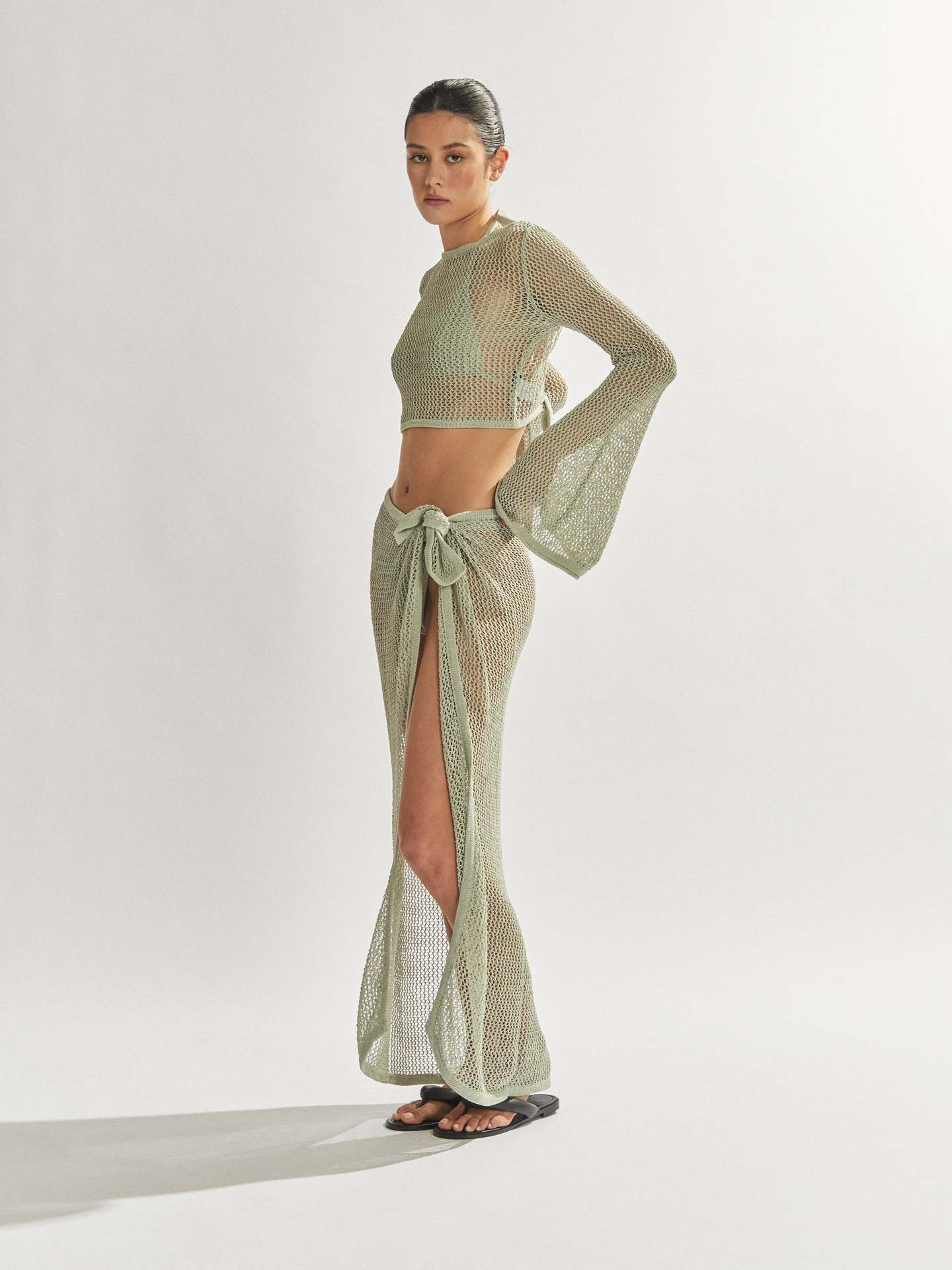 Summer Sexy Outfit with Sheer Crop Top and Long Skirt