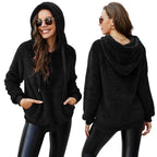 Women's Solid Color Fleece Jacket with Zipper Hood