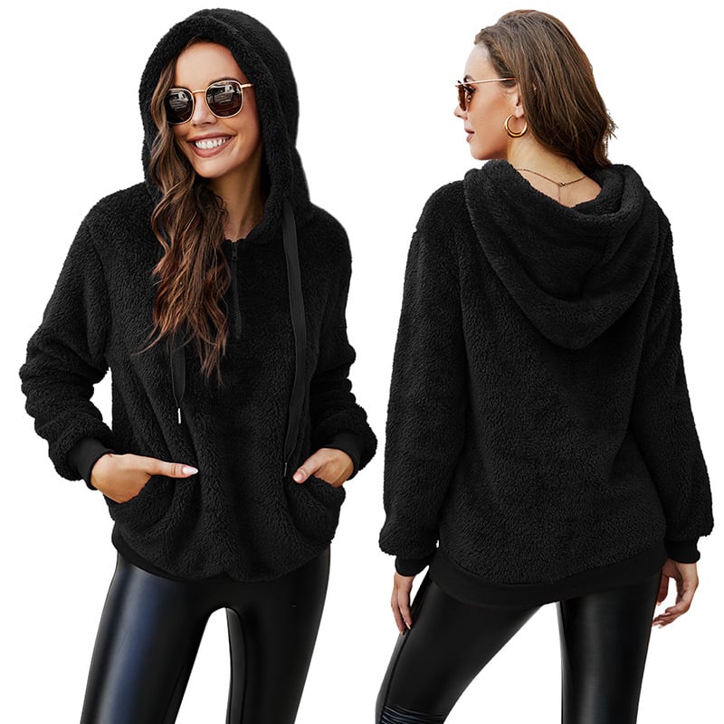 Women's Solid Color Fleece Jacket with Zipper Hood