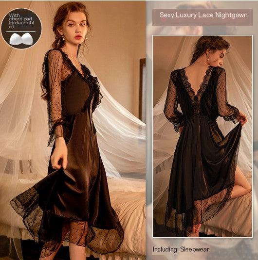 Princess Style Long Lace Nightgown and Robe for Women