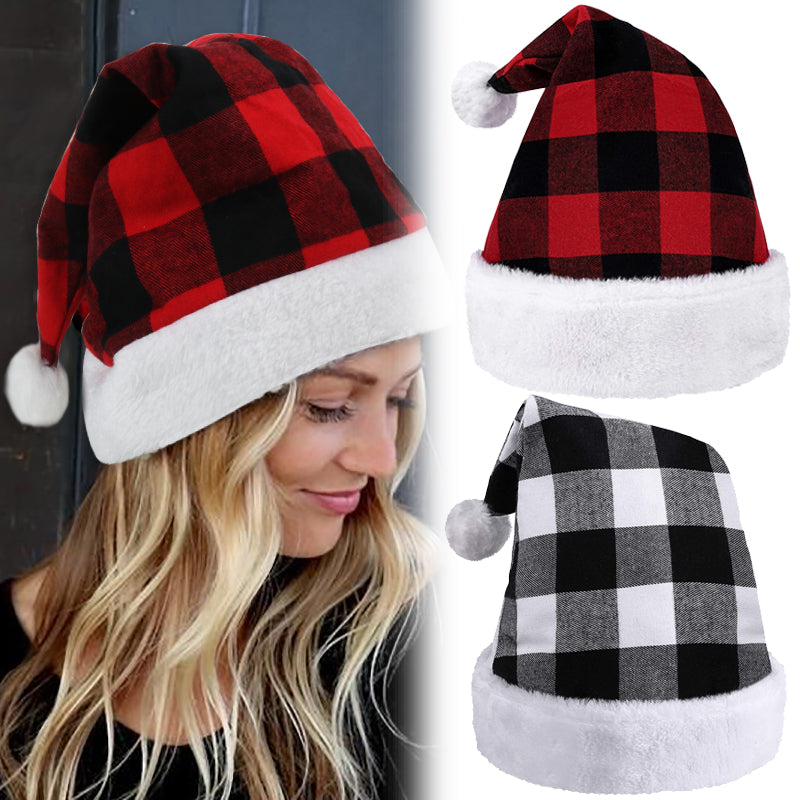 Festive Red Black White Checkered Christmas Party Hat | Embroidered Cap