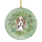 Basset Hound Puppy Brown White and Black Christmas Wreath Ceramic Ornament