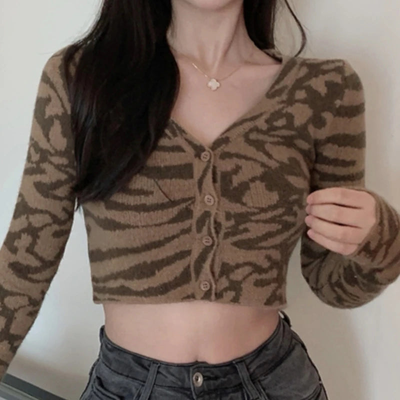 American Retro Leopard V-Neck Knitted Cardigan for Women