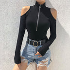 Zipper Long Sleeve T-Shirt Bodysuit with Off-Shoulder Design