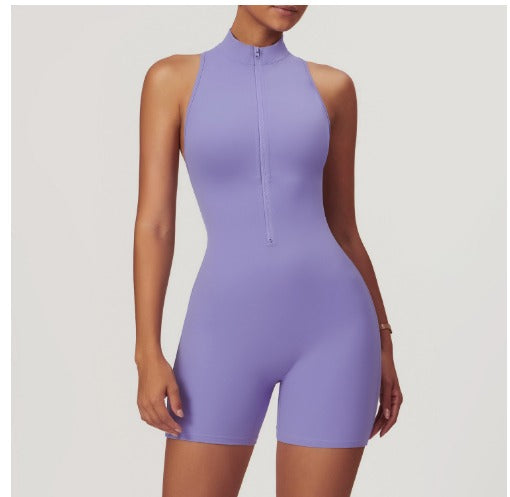 Fitness Yoga Jumpsuit With Zipper, Backless, Shorts Bodysuit