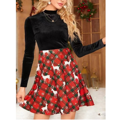 Christmas Deer Plaid Printed Dress Combination