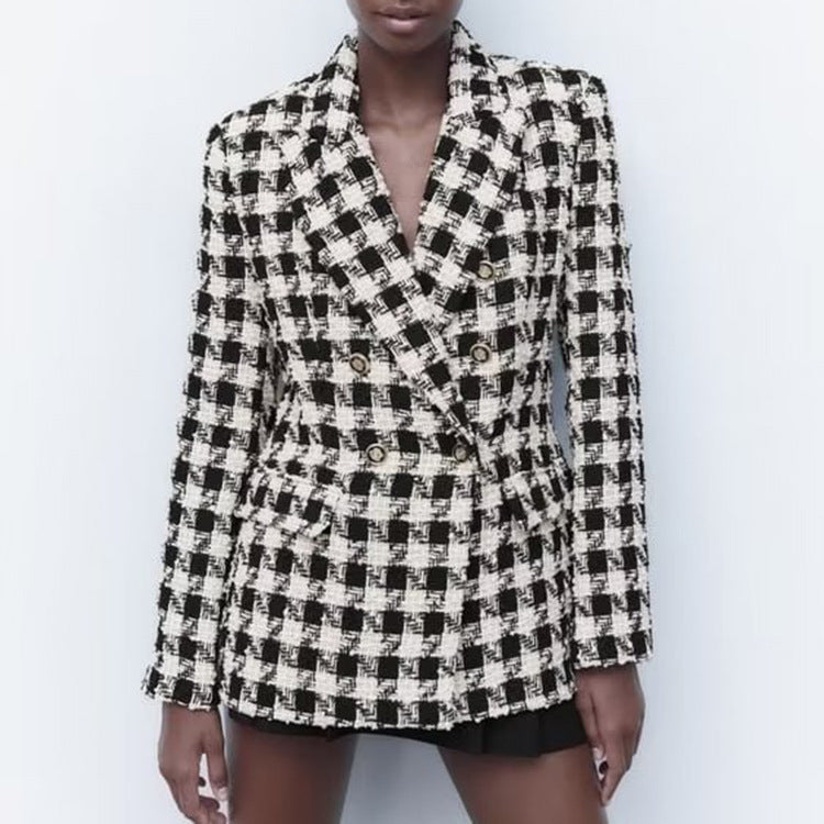Houndstooth Double Breasted Lapel Coat for Women