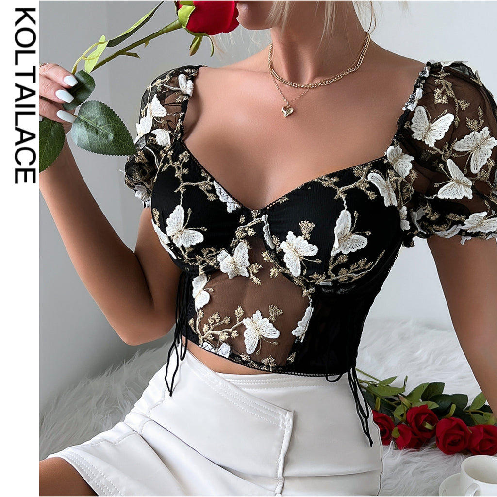 Embroidered Butterfly Mesh Crop Top for Women