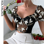 Embroidered Butterfly Mesh Crop Top for Women