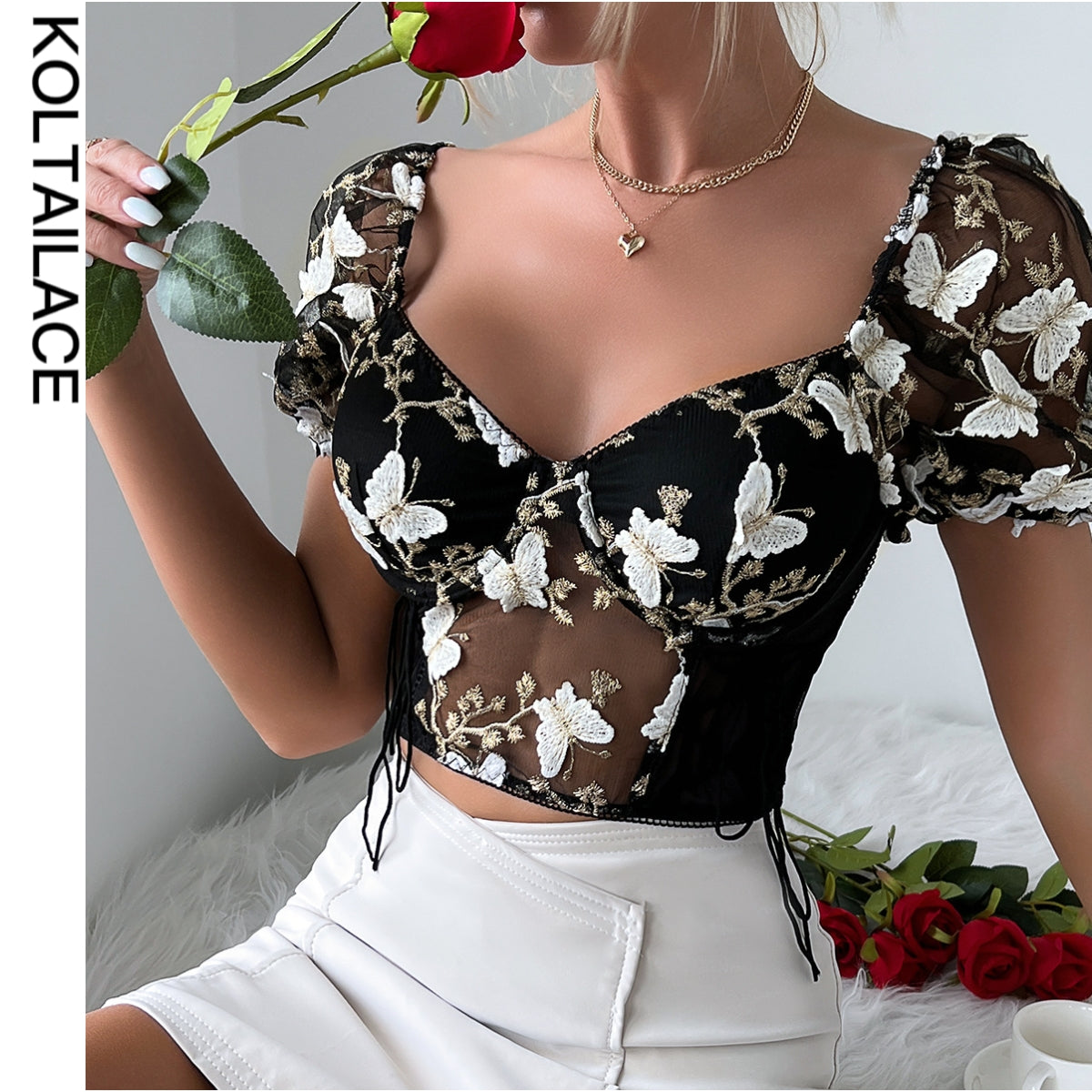 Embroidered Butterfly Mesh Crop Top for Women