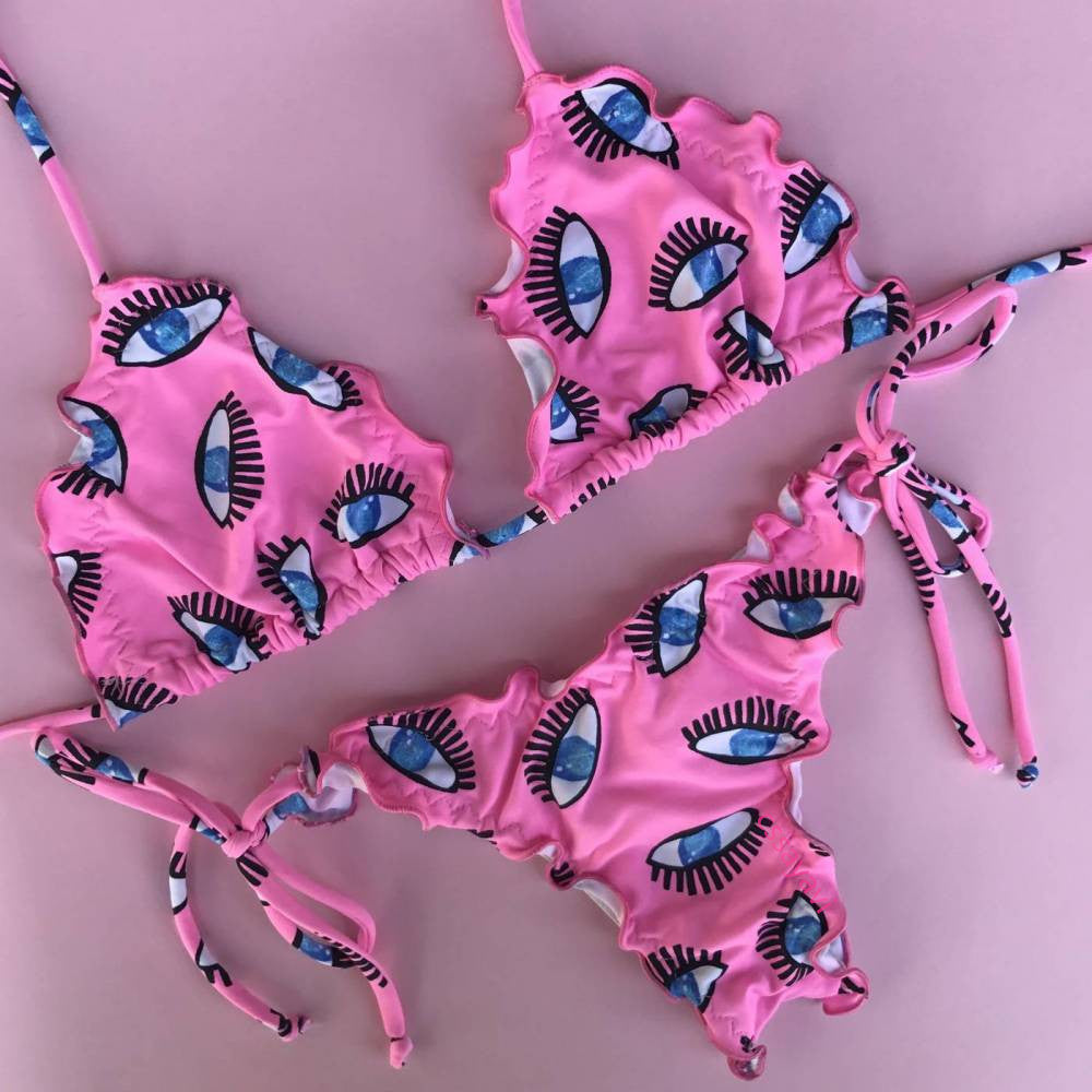 Eye Print Bikini with Ruffle Design for Women