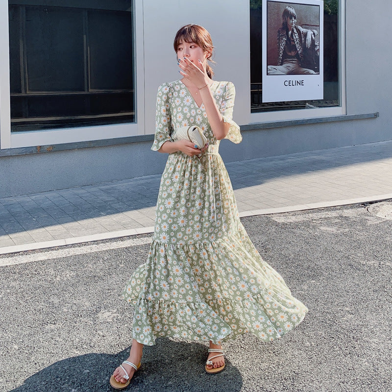 V-neck Chiffon Long Fairy Dress with High Waist