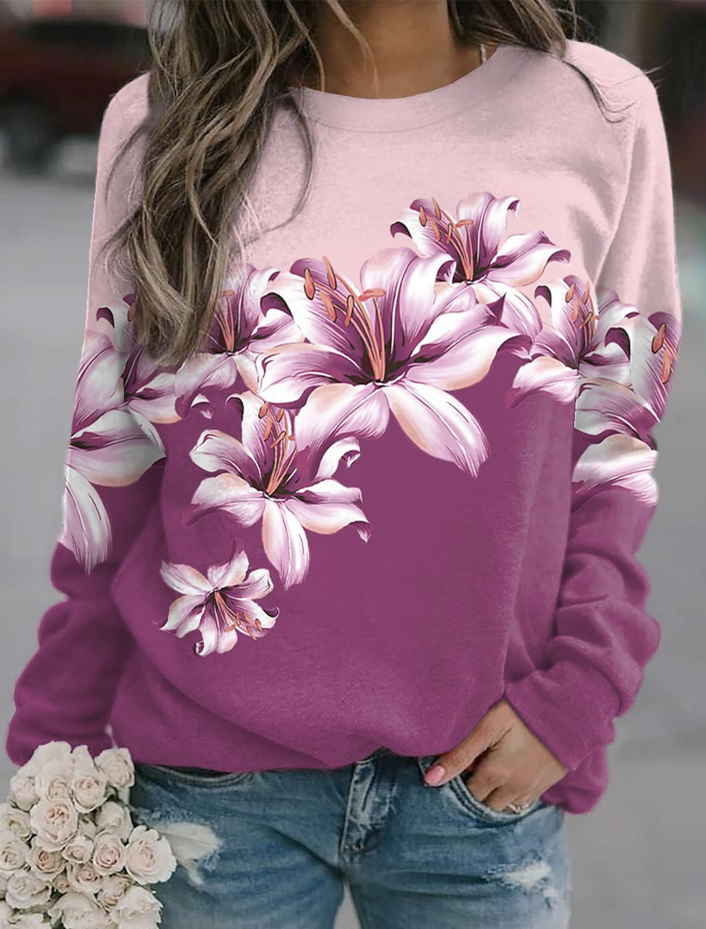 Women's Printed Sports Round Neck Long Sleeve Pullover | Streetwear
