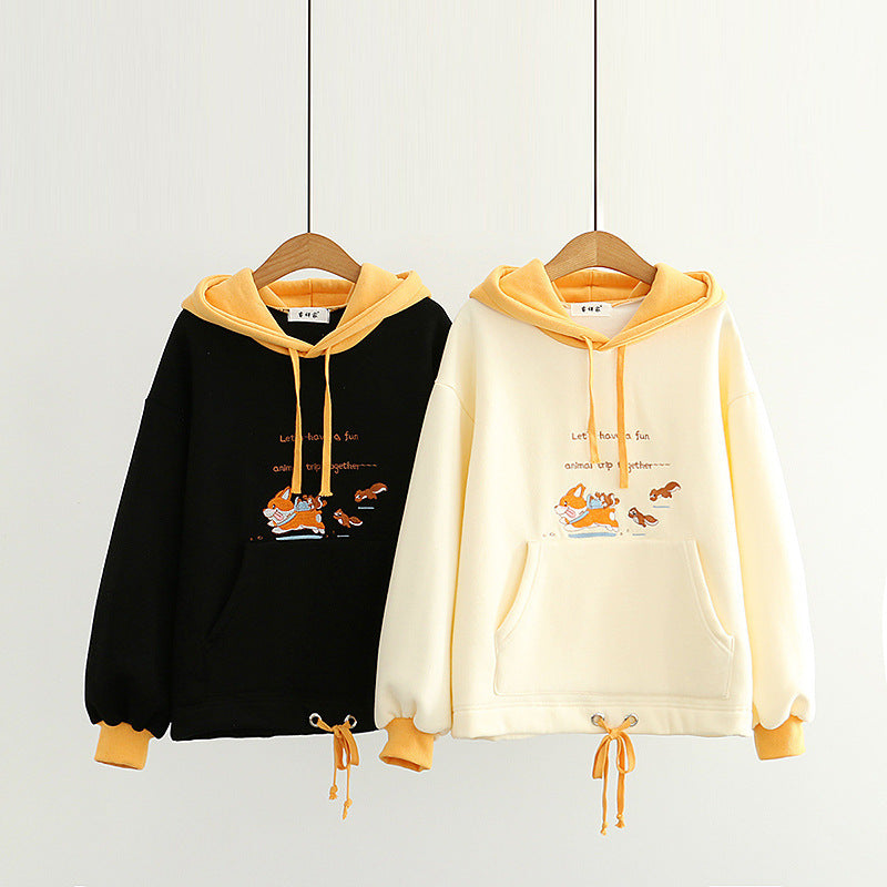 Cute Cartoon Dog Embroidery Thick Hooded Sweater