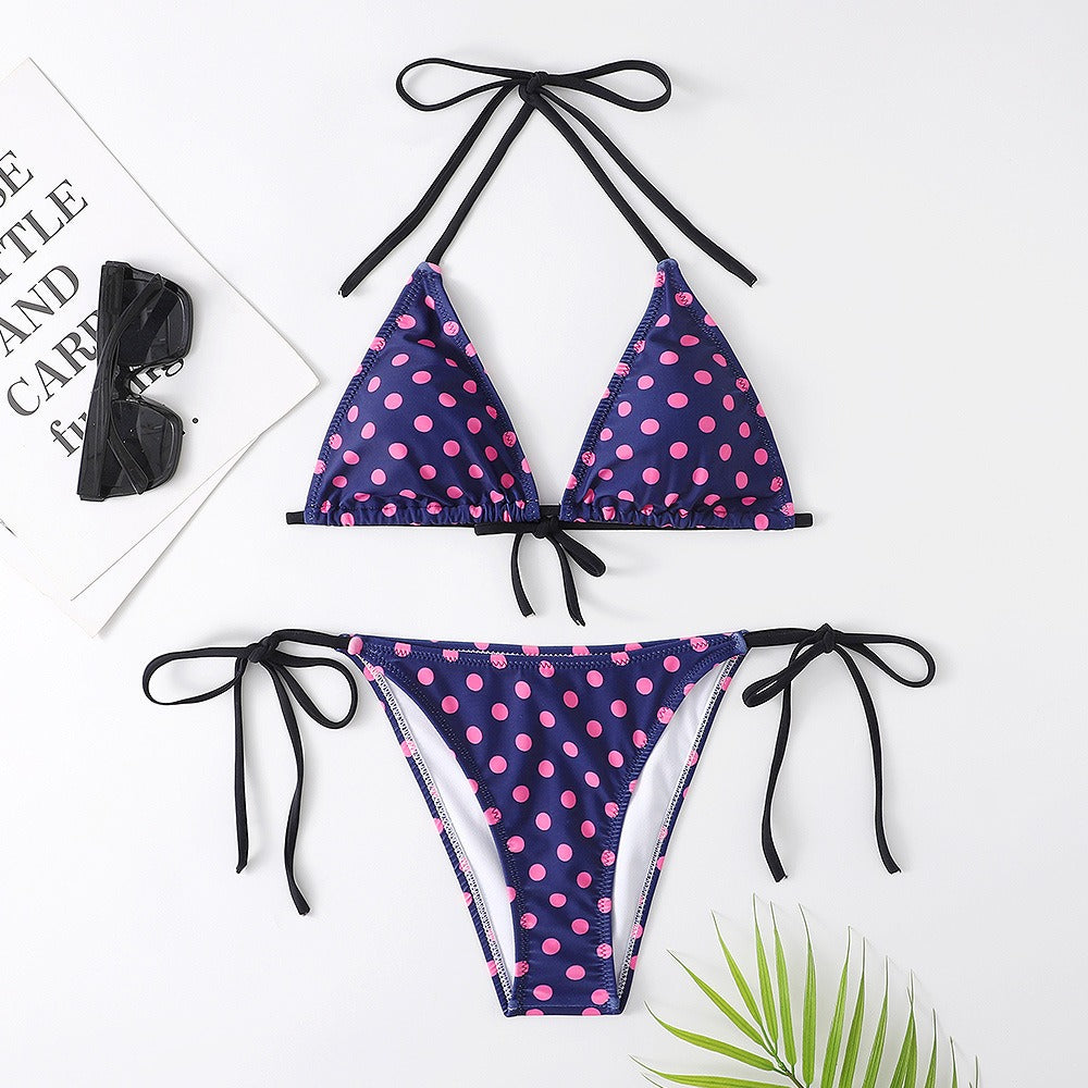 Dot Print Triangle Tie-Side Bikini Set