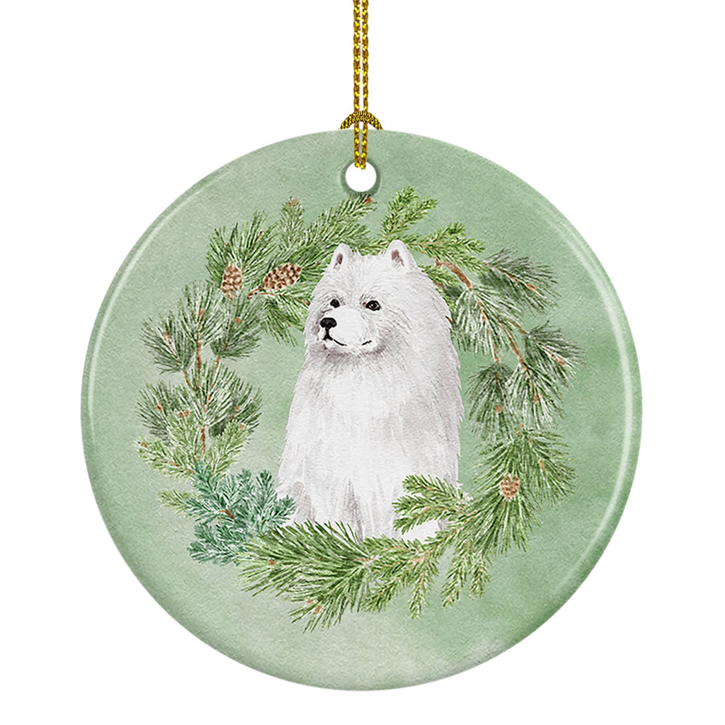 Samoyed Sitting Christmas Wreath Ceramic Ornament
