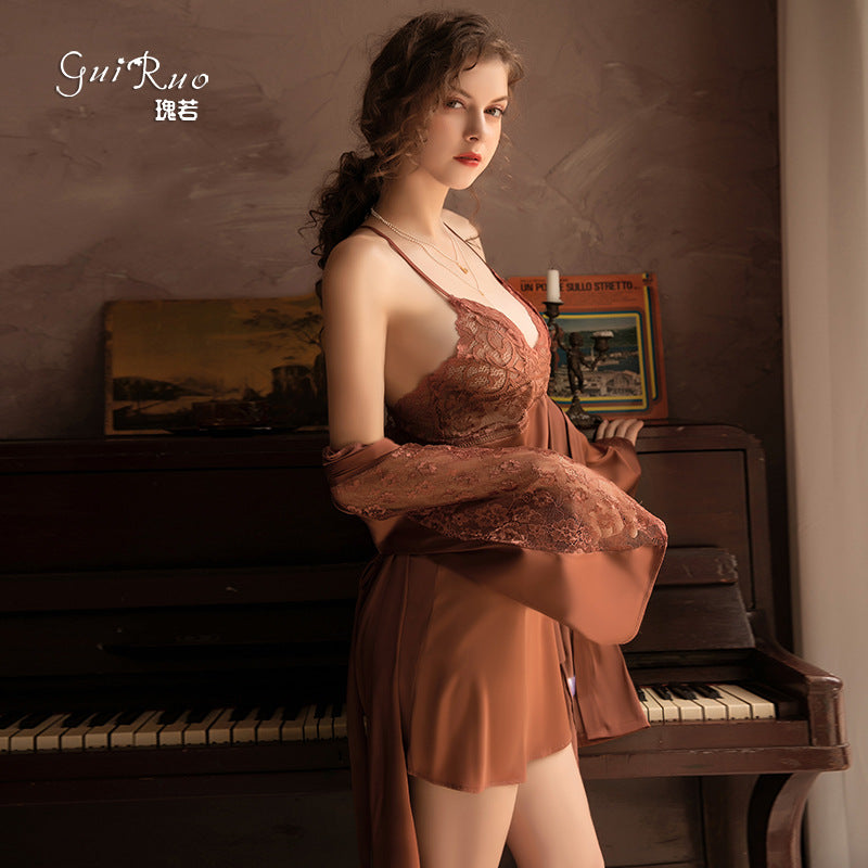 New Sexy Deep V Lace Nightgown with Robe Set