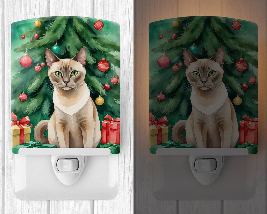 Tonkinese Cat By the Christmas Tree Ceramic Night Light