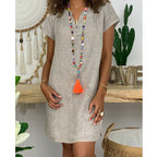 Women’s Casual V Neck Cotton Linen Mini Dress 5XL