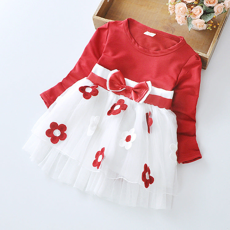 2019 Girls' Floral Bow Long Sleeve Dress (Korean Style)