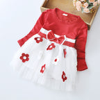 2019 Girls' Floral Bow Long Sleeve Dress (Korean Style)