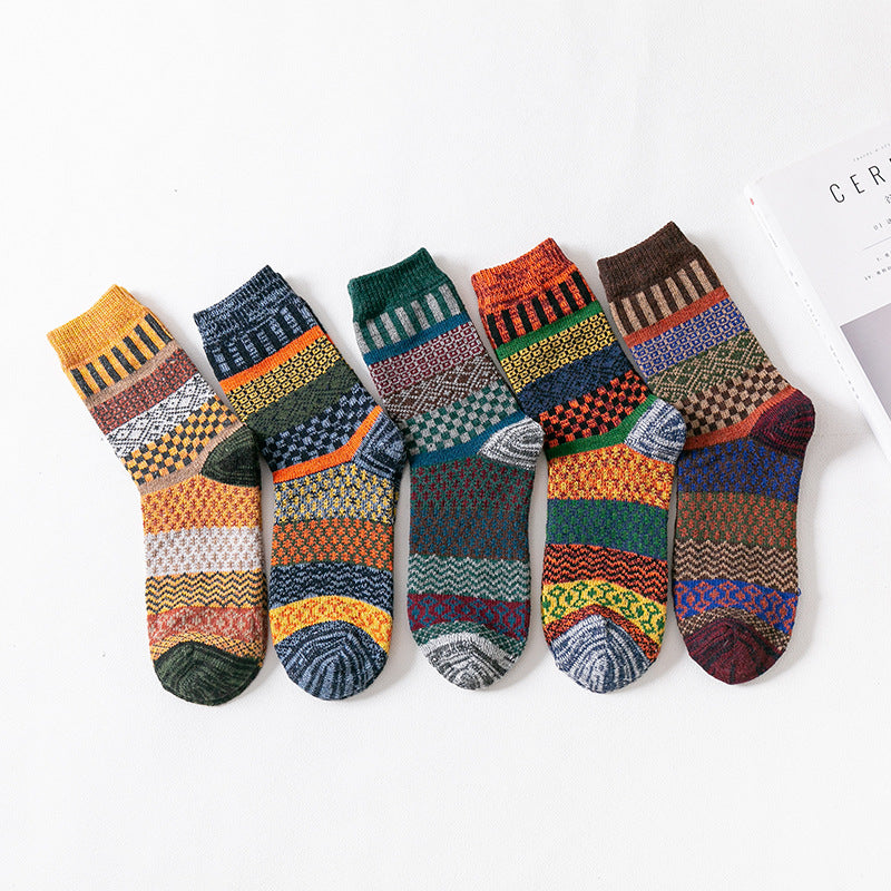 Thick Mid-Calf Wool Socks for Men with Stripes