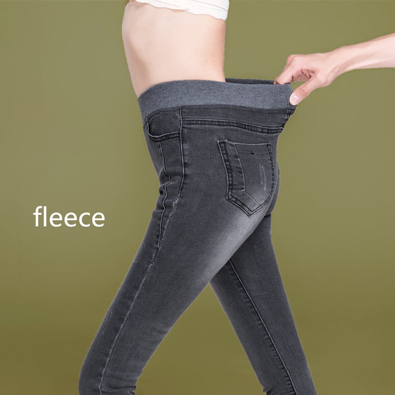 Plus Size Women's High Waist Fleece Elastic Jeans