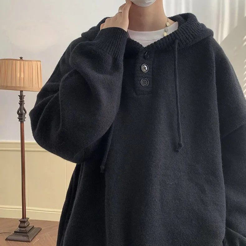 Button Hooded Sweater Loose Knitted Coat