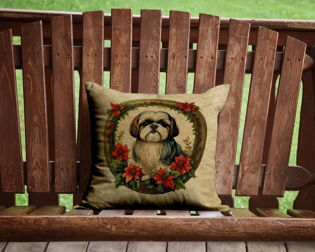 Shih Tzu Christmas Flowers Throw Pillow