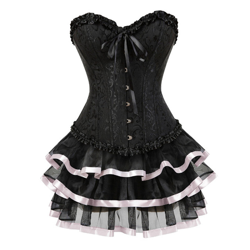 Striped Body Shaping Lingerie Set with Lace Skirt