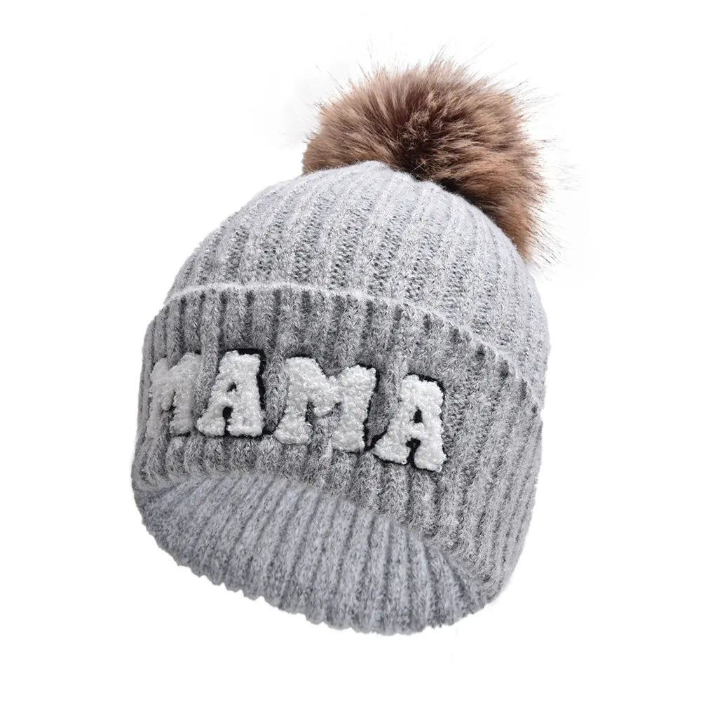Kunyeah 3Pcs Parent-Child Beanie Hat Mama Papa Baby Matching Hats Winter Warm Cap with Pom-Pom Women Men Knitted Hat | Embroidered Cap