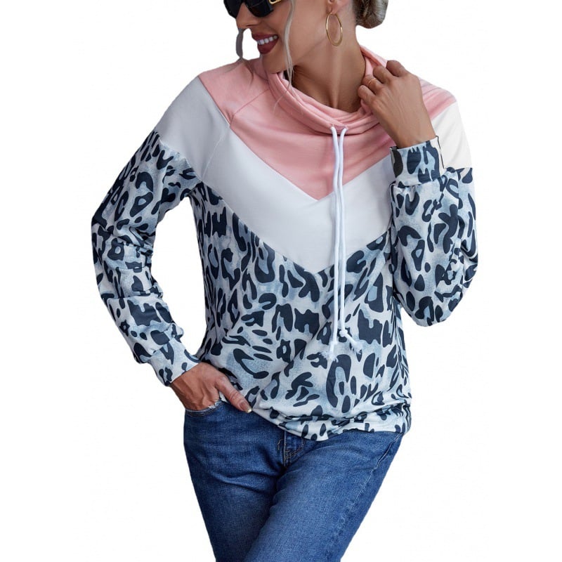 Leopard Print Color Block Hooded Sweater for Women