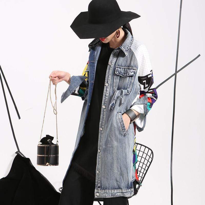 Women's Denim Trench Coat with Creative Design